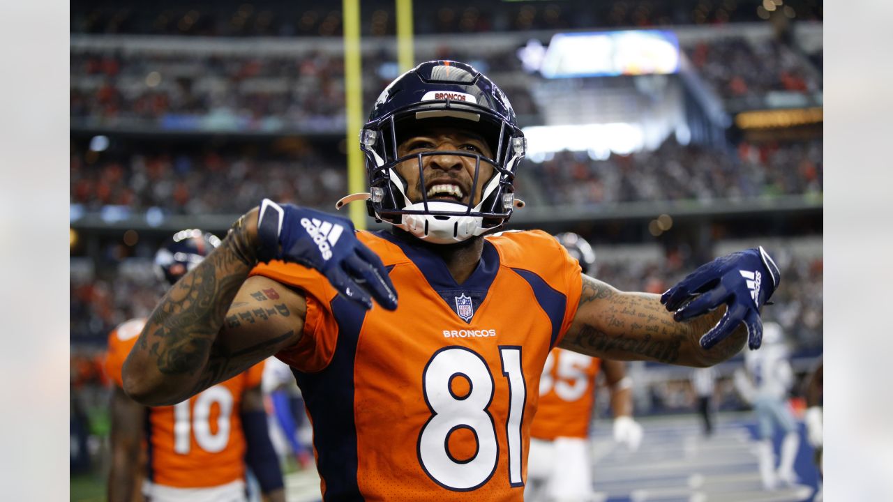 Denver Broncos wide receiver Tim Patrick (81) celebrates a catch