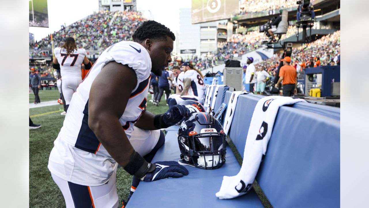 Denver Broncos guard Quinn Meinerz (77) on the sideline during an