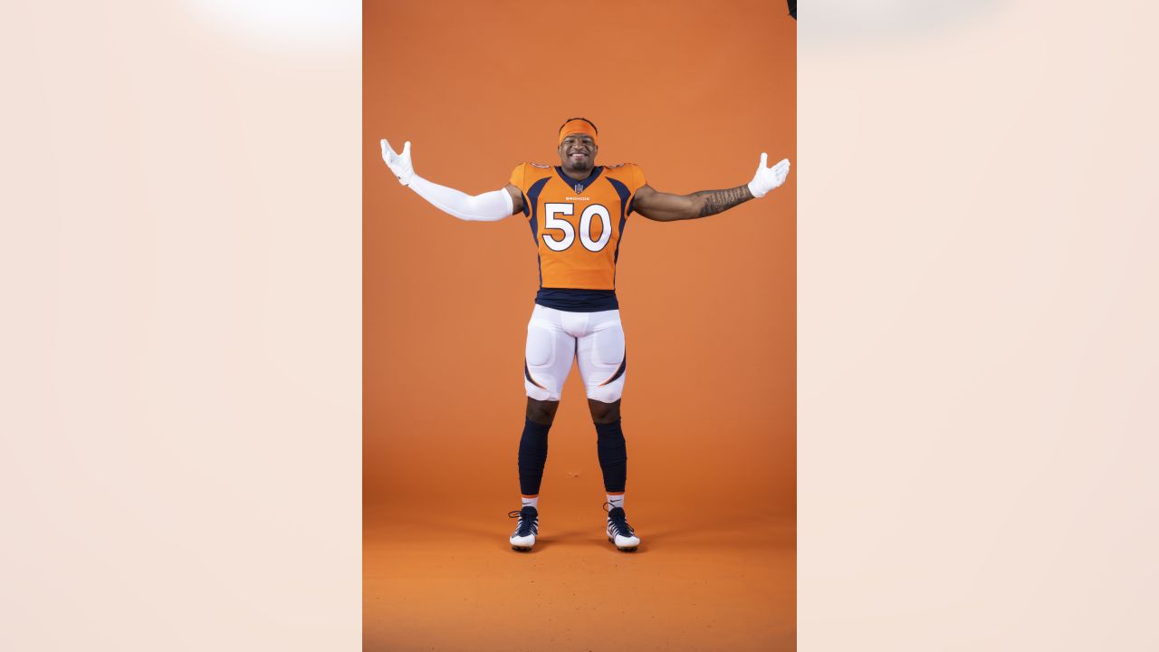 Denver Broncos inside linebacker Barrington Wade takes the practice field  during the NFL football team's training camp Tuesday, Aug. 2, 2022, at the  team's headquarters in Centennial, Colo. (AP Photo/David Zalubowski Stock