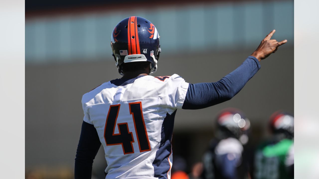 Decals are on Denver Broncos wide receiver Montrell Washington's helmet  during an NFL football game against the Los Angeles Chargers, Monday, Oct.  17, 2022, in Inglewood, Calif. (AP Photo/Kyusung Gong Stock Photo 