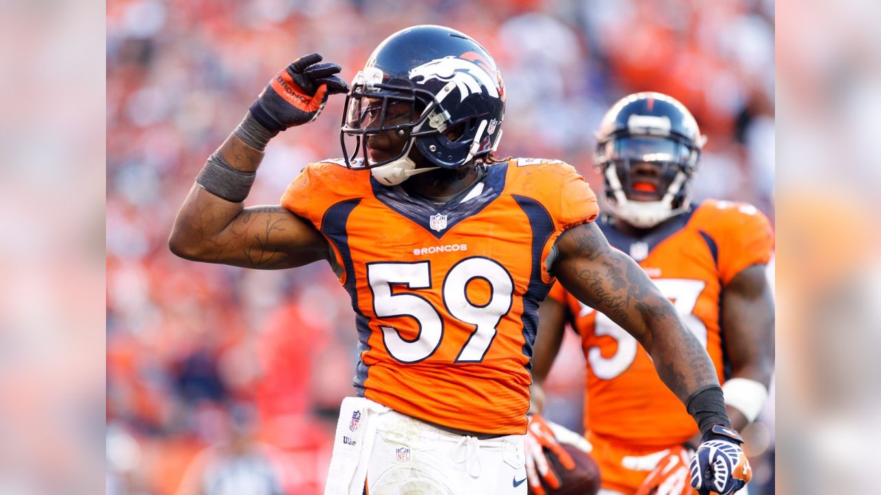 Linebacker Ian Gold of the Denver Broncos celebrates during the