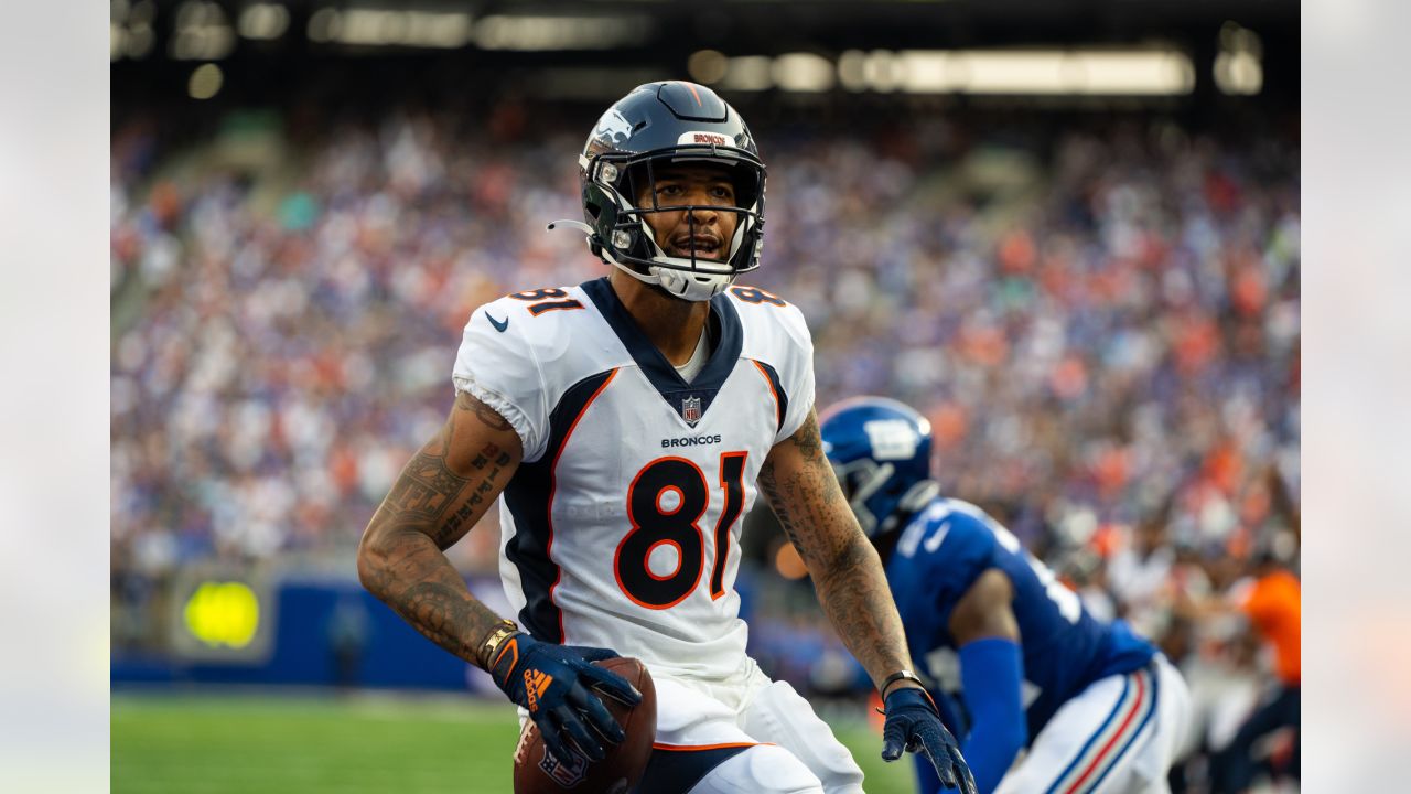 September 19, 2021 - Jacksonville, FL, U.S: Denver Broncos wide receiver  Tim Patrick (81) catches the ball for a touchdown during 1st half NFL  football game between the DenverBroncos and the Jacksonville