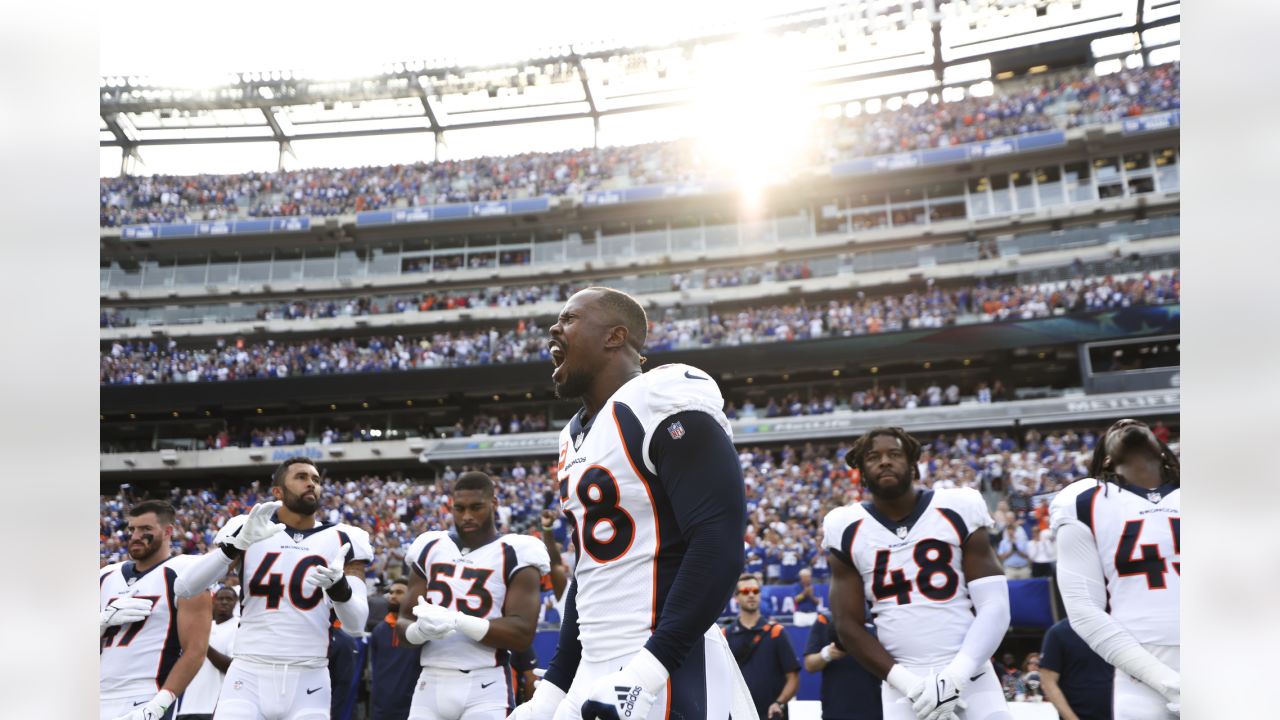 Denver Broncos outside linebacker Von Miller (58) reacts to a play against  the Las Vegas Raiders in the first half of an NFL football game Sunday,  Oct. 17, 2021, in Denver. (AP