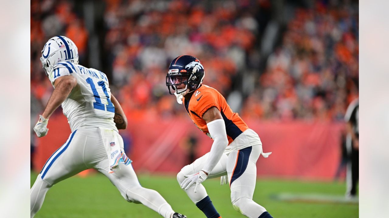 Denver, USA. October 23, 2022: Denver Broncos cornerback Pat Surtain II (2)  drops back in coverage during the second half of the football game between  the Denver Broncos and New York Jets.