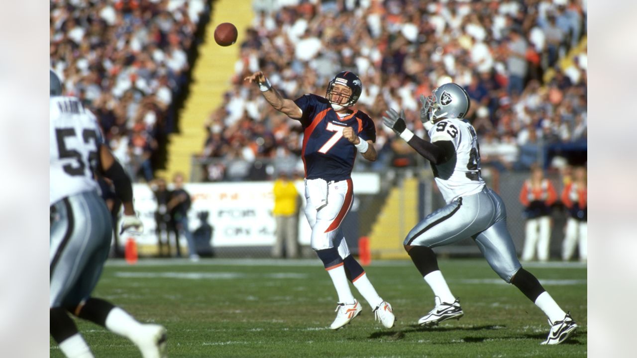 Las Vegas Raiders vs. Denver Broncos. NFL Game. American Football League  match. Silhouette of professional player celebrate touch down. Screen in  back Stock Photo - Alamy