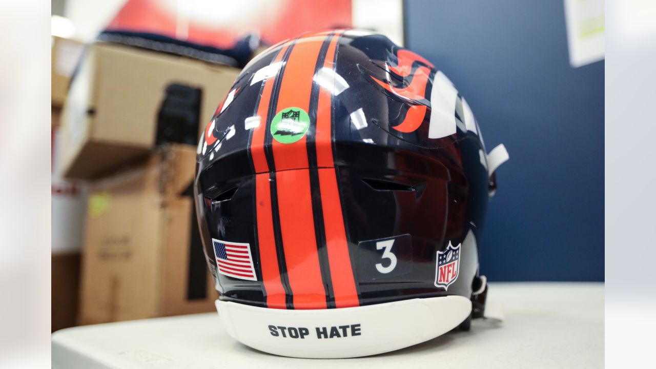 Decals are on Denver Broncos wide receiver Montrell Washington's helmet  during an NFL football game against the Los Angeles Chargers, Monday, Oct.  17, 2022, in Inglewood, Calif. (AP Photo/Kyusung Gong Stock Photo 