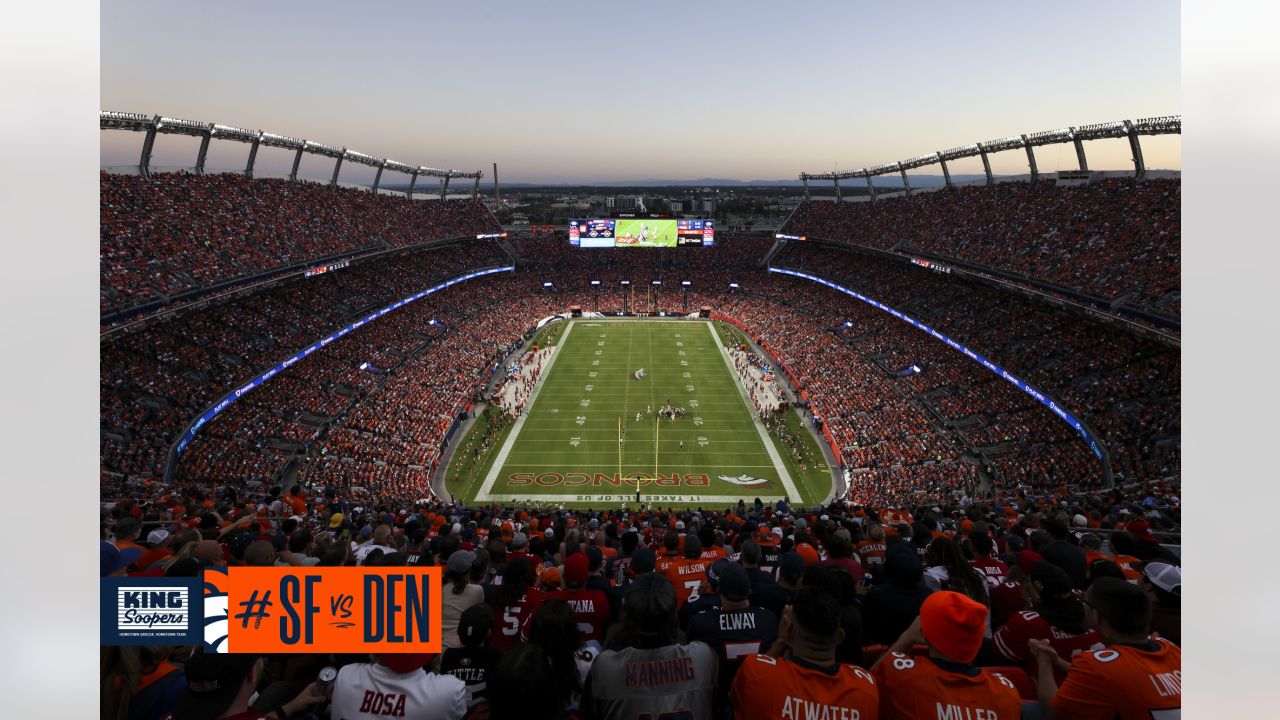 The Sunday Night Football banner hangs at Empower Field at Mile High before  an NFL football game between eh Denver Broncos and the San Francisco 49ers  Sunday, Sept. 25, 2022, in Denver. (