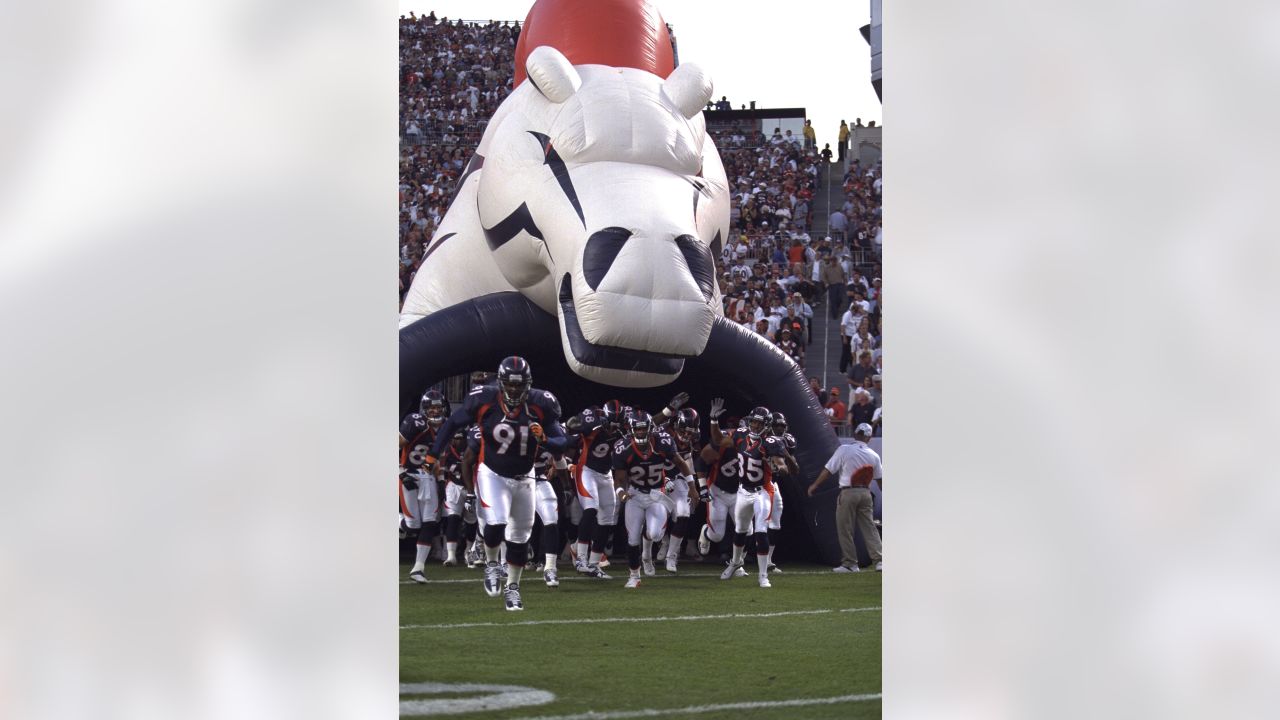 Denver, USA. September 09, 2018: Denver Broncos mascot Miles leading the  team onto the field during opening ceremonies of an NFL matchup between the  Seattle Seahawks and the Denver Broncos at Broncos