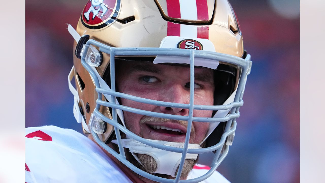 INDIANAPOLIS, IN - AUGUST 25: San Francisco 49ers tackle Mike McGlinchey (69)  stands on the field