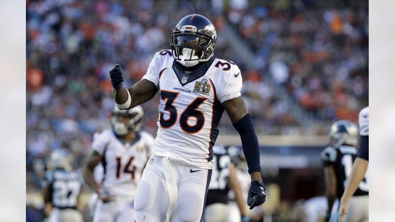 A Super Bowl 50 patch is shown on the jersey of Denver Broncos wide  receiver Demaryius