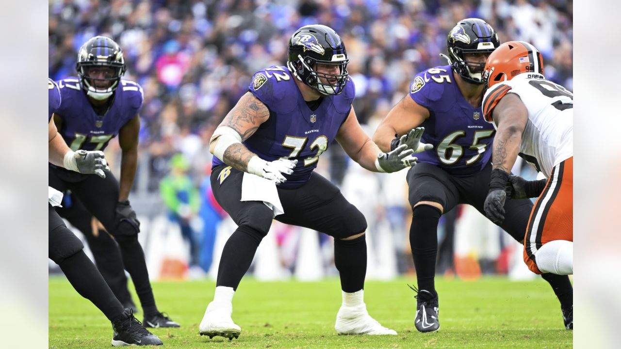 Baltimore Ravens guard Ben Powers (72) in action during the first