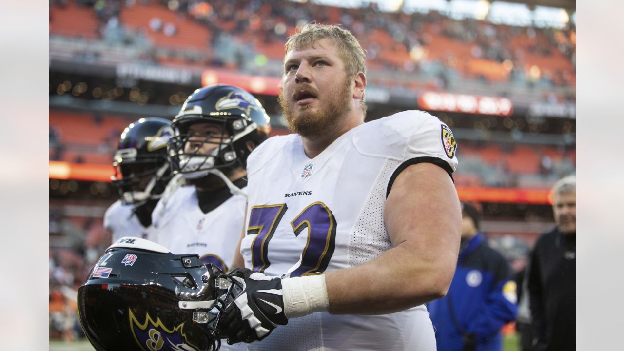 Baltimore Ravens guard Ben Powers (72) takes to the field before an NFL  football game between the Miami Dolphins and the Baltimore Ravens, Sunday,  Sept. 18, 2022, in Baltimore. (AP Photo/Nick Wass