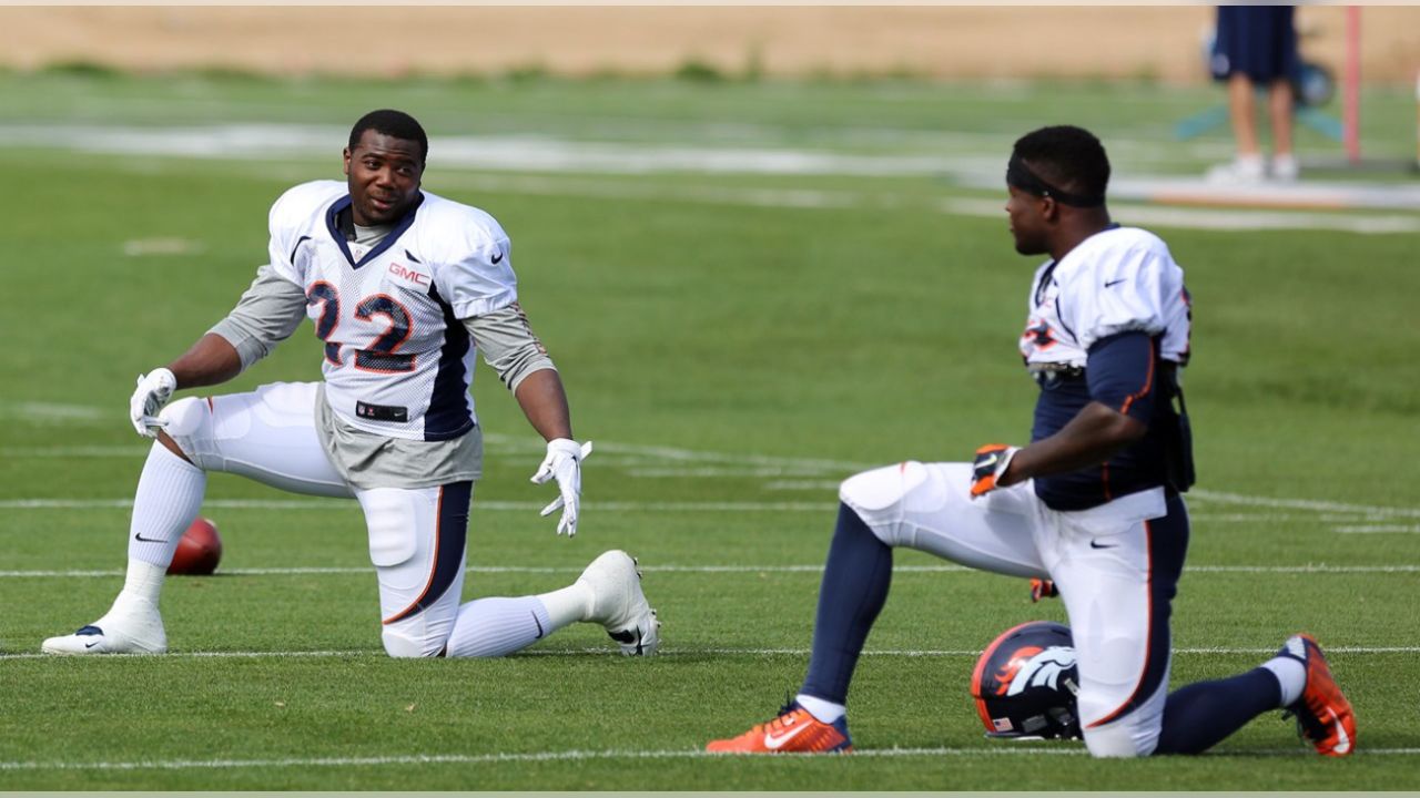 A Salute to Service military logo is seen on the helmet of Denver Broncos'  Ronnie Hillman before the start of an NFL football game against the  Indianapolis Colts, Sunday, Nov. 8, 2015