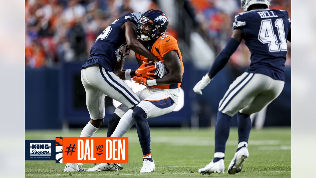 Denver Broncos wide receiver Jalen Virgil runs with the football as he  warms up prior to an NFL preseason football game against the Arizona  Cardinals, Friday, Aug. 11, 2023, in Glendale, Ariz. (