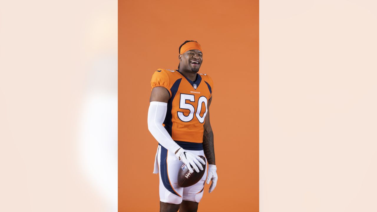 Denver Broncos inside linebacker Barrington Wade takes the practice field  during the NFL football team's training camp Tuesday, Aug. 2, 2022, at the  team's headquarters in Centennial, Colo. (AP Photo/David Zalubowski Stock