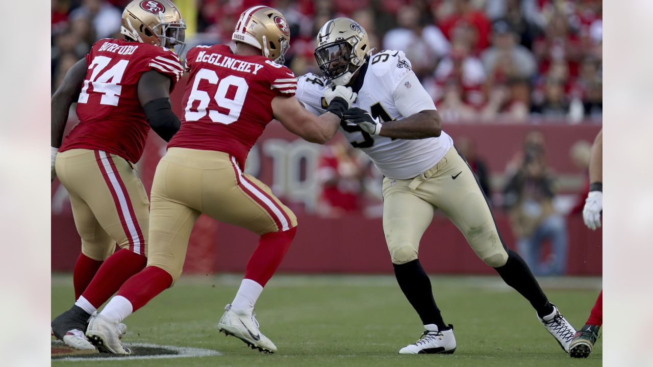 San Francisco 49ers Mike McGlinchey (69) is seen on the sideline during an  NFL football game against the Green Bay Packers, Sunday, Sept. 26, 2021, in  Santa Clara, Calif. (AP Photo/Scot Tucker