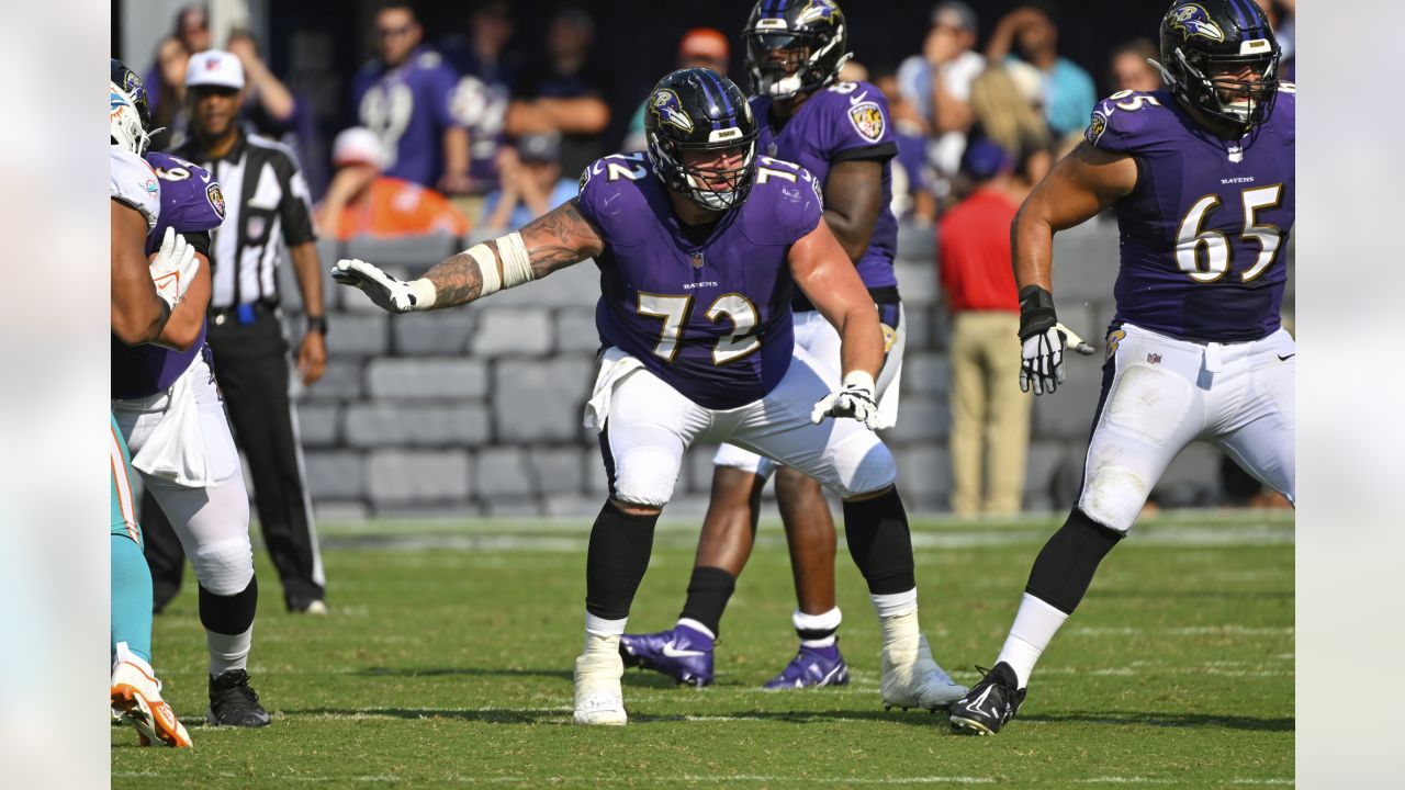 Baltimore Ravens guard Ben Powers (72) lines up for the play