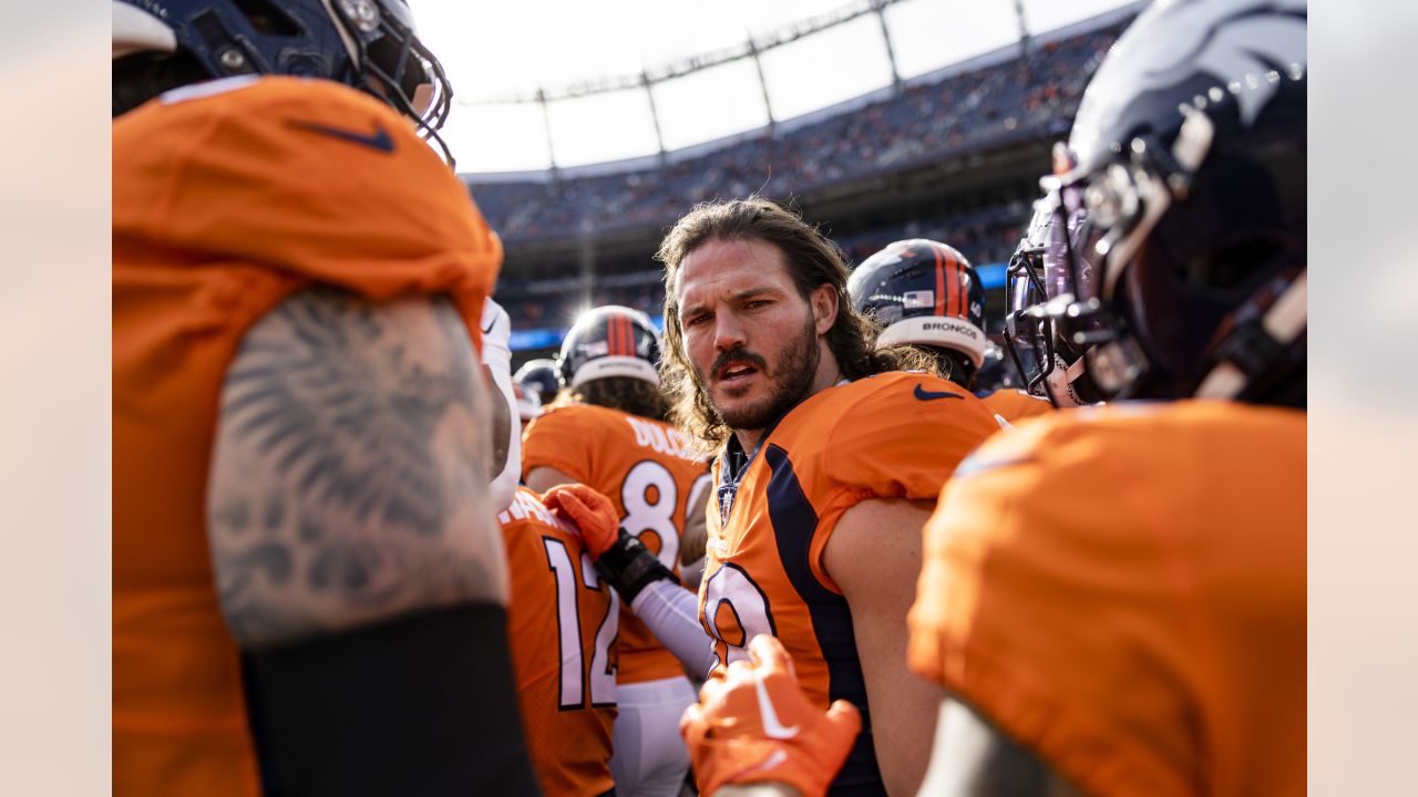 Denver Broncos safety Caden Sterns wears a T-shirt in a show of support for  Buffalo Bills safety Damar Hamlin during the first half of an NFL football  game in Denver, Sunday, Jan.