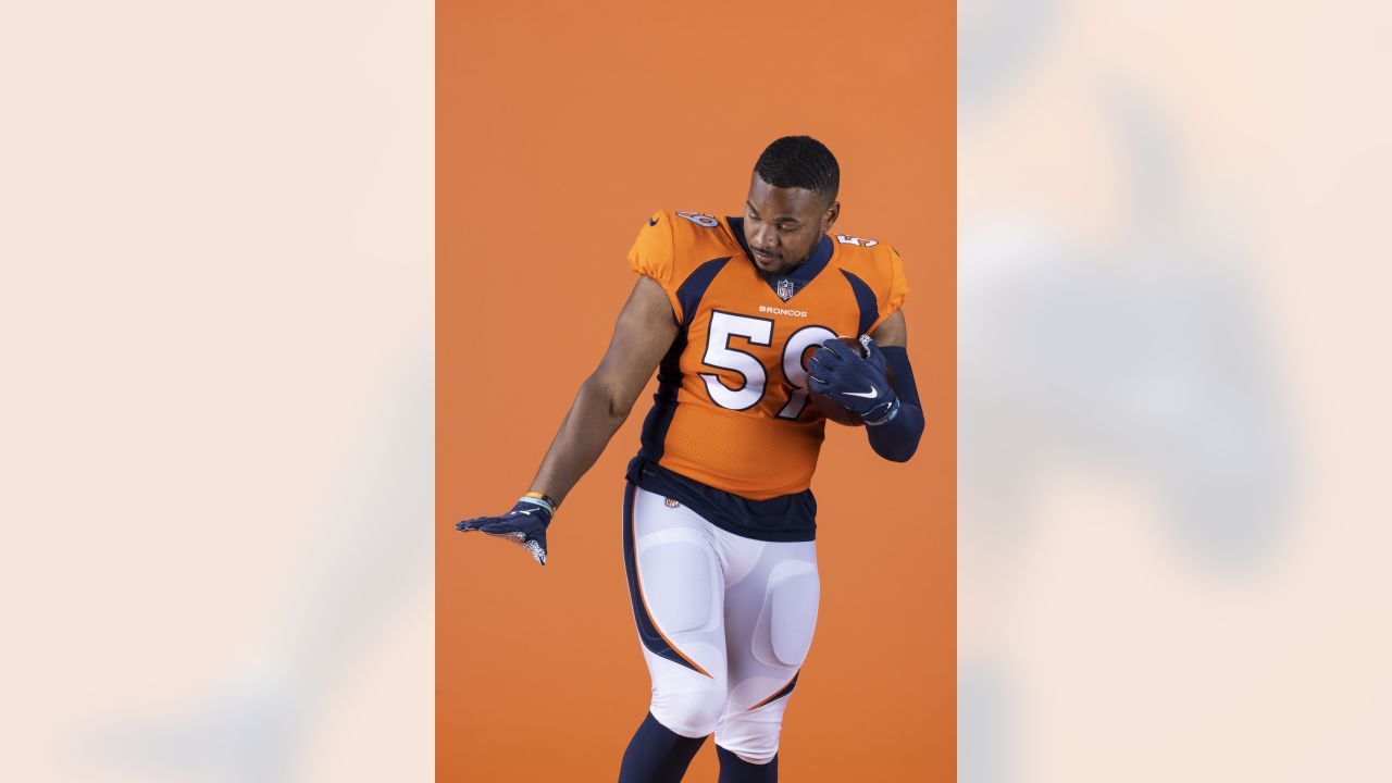 Denver Broncos inside linebacker Barrington Wade takes the practice field  during the NFL football team's training camp Tuesday, Aug. 2, 2022, at the  team's headquarters in Centennial, Colo. (AP Photo/David Zalubowski Stock