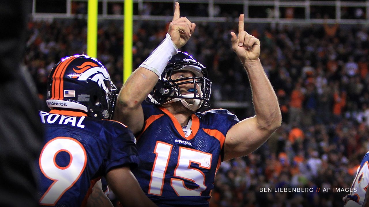 Denver Broncos quarterback Tim Tebow celebrates winning touchdown agains  the New York Jets at Sports Authority Field at Mile High in Denver on  November 17, 2011. Denver came from behind to defeat