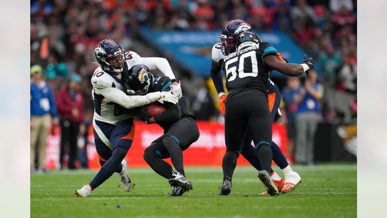 Denver Broncos linebacker Bradley Chubb (55) in action during an NFL  football game against the Jacksonville Jaguars at Wembley Stadium in  London, Sunday, Oct. 30, 2022. The Denver Broncos defeated the Jacksonville