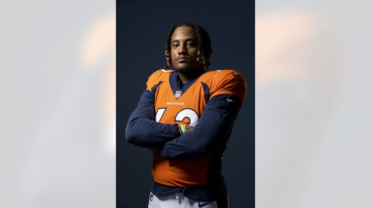 Denver Broncos inside linebacker Barrington Wade takes the practice field  during the NFL football team's training camp Tuesday, Aug. 2, 2022, at the  team's headquarters in Centennial, Colo. (AP Photo/David Zalubowski Stock