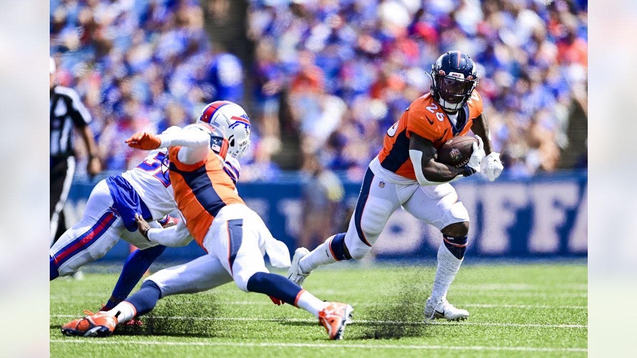 Denver Broncos running back Damarea Crockett (39) is tackled against the  Los Angeles Rams during the