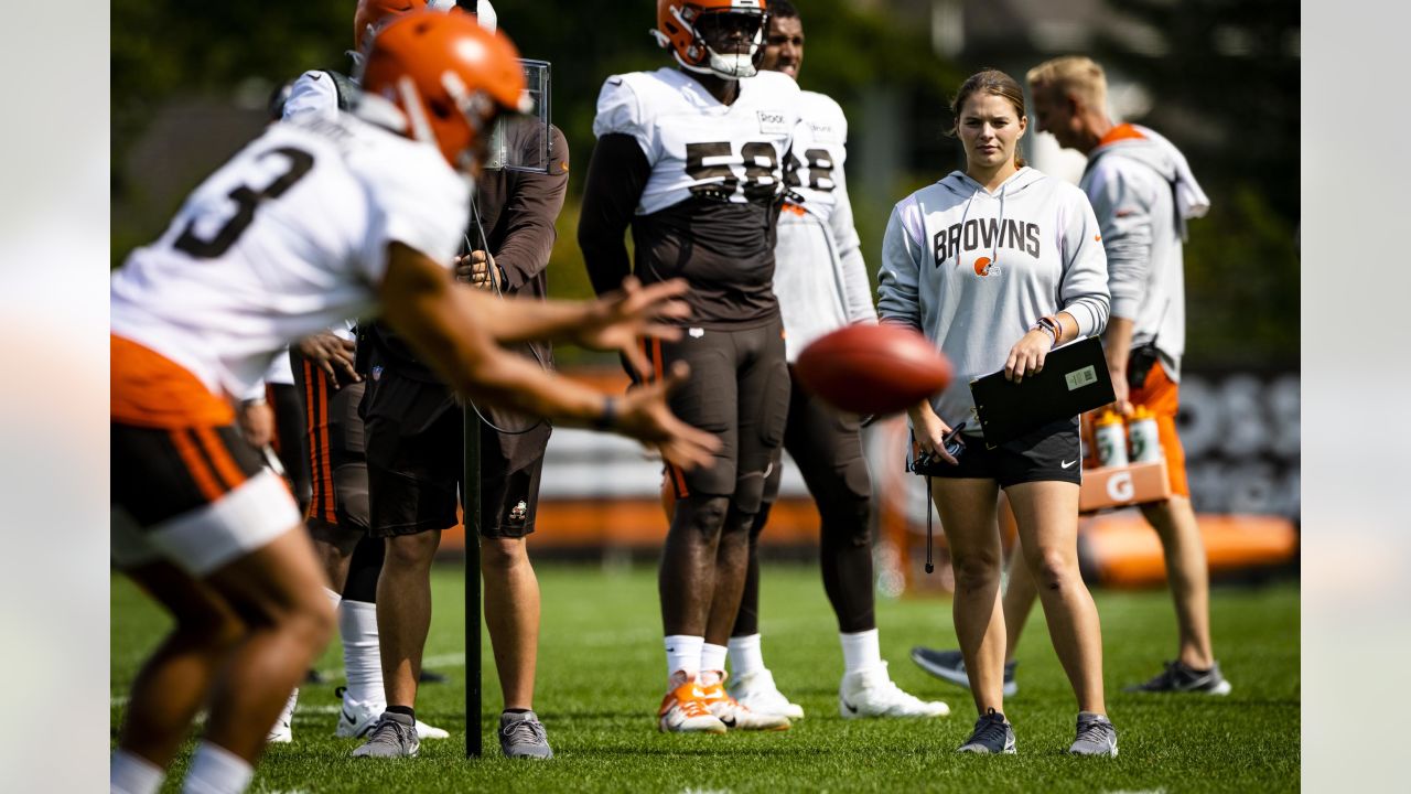 Cleveland Browns offensive tackle James Hudson III (66) walks back