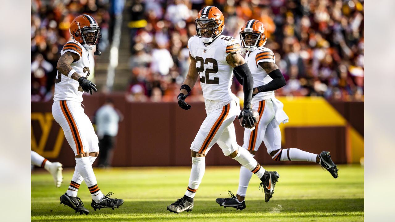 CLEVELAND, OH - DECEMBER 24: Cleveland Browns safety Grant Delpit (22)  celebrates after making a tackle during the third quarter of the National  Football League game between the New Orleans Saints and