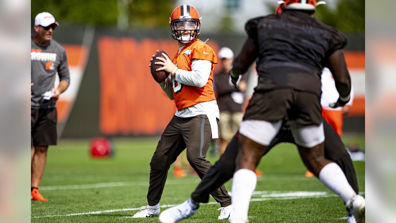 Cleveland Browns quarterback Baker Mayfield reacts during an NFL football  game against the New York Jets, Thursday, Sept. 20, 2018, in Cleveland. The  Browns won 21-17. (AP Photo/David Richard Stock Photo - Alamy