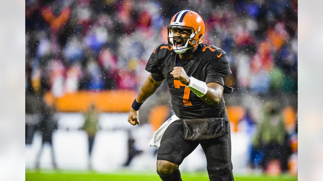 CLEVELAND, OH - NOVEMBER 27: A Cleveland Browns helmet on the field prior  to the National Football League game between the Tampa Bay Buccaneers and  Cleveland Browns on November 27, 2022, at