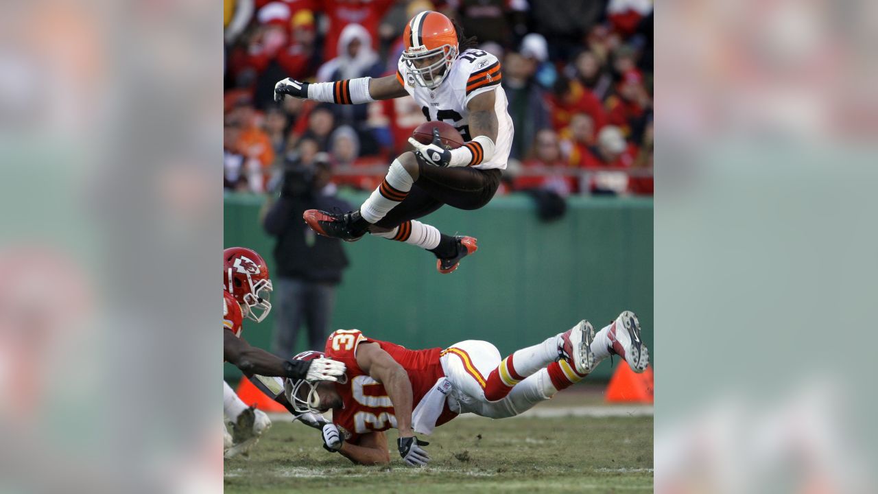 Cleveland Browns wide receiver Josh Cribbs (16) runs for a touchdown during  the NFL football game between the Kansas City Chiefs and the Cleveland  Browns at Arrowhead Stadium in Kansas City, Missouri.