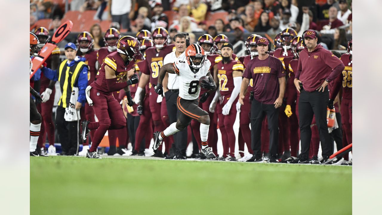 Cleveland Browns wide receiver Cedric Tillman (89) runs up the field during  an NFL pre-season football game against the Washington Commanders, Friday,  Aug. 11, 2023, in Cleveland. (AP Photo/Kirk Irwin Stock Photo 