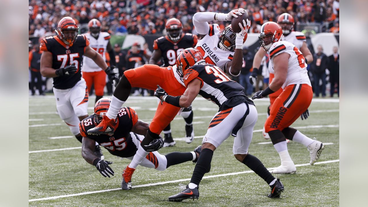 Cleveland Browns Rashard Higgins celebrates with Antonio Callaway after  scoring a touchdown in the second quarter against the Baltimore Ravens at  First Energy Stadium in Cleveland, Ohio October 7, 2018. Photo by