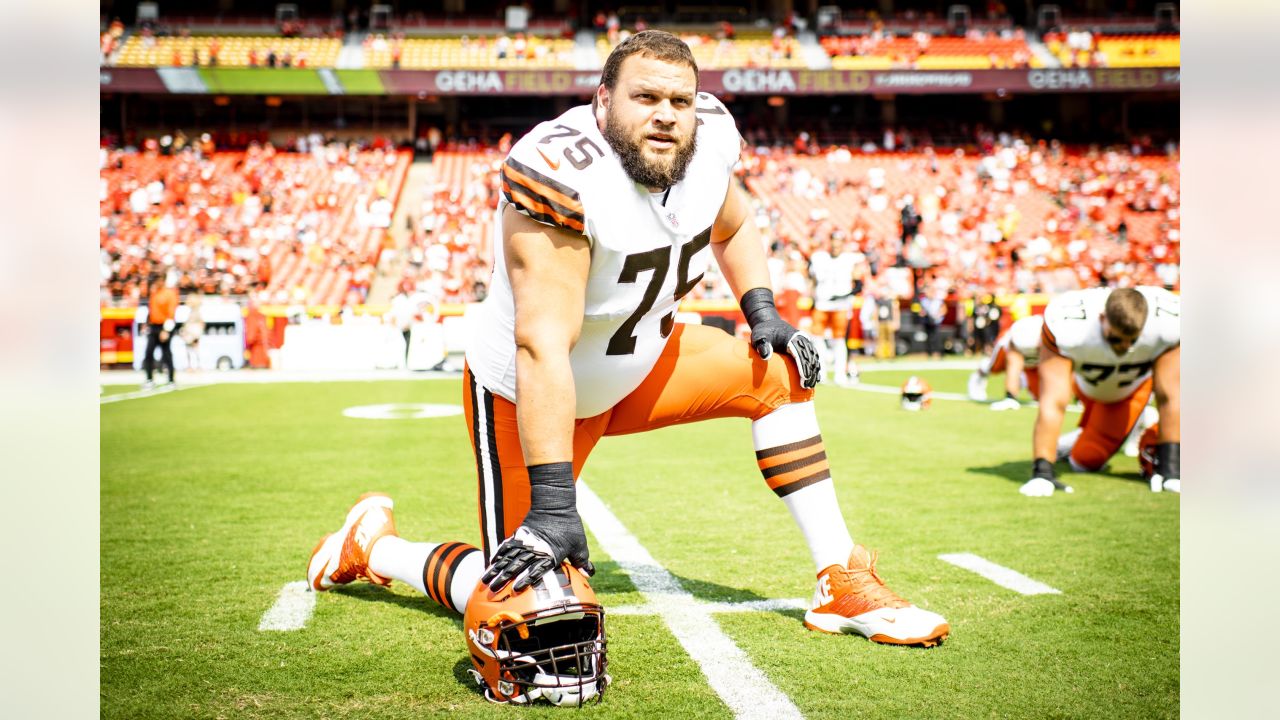 FILE - In this Sunday, Nov. 11, 2018 file photo, Cleveland Browns offensive  tackle Joel Bitonio celebrates after the Browns defeated the Atlanta  Falcons 28-16 in an NFL football game in Cleveland.