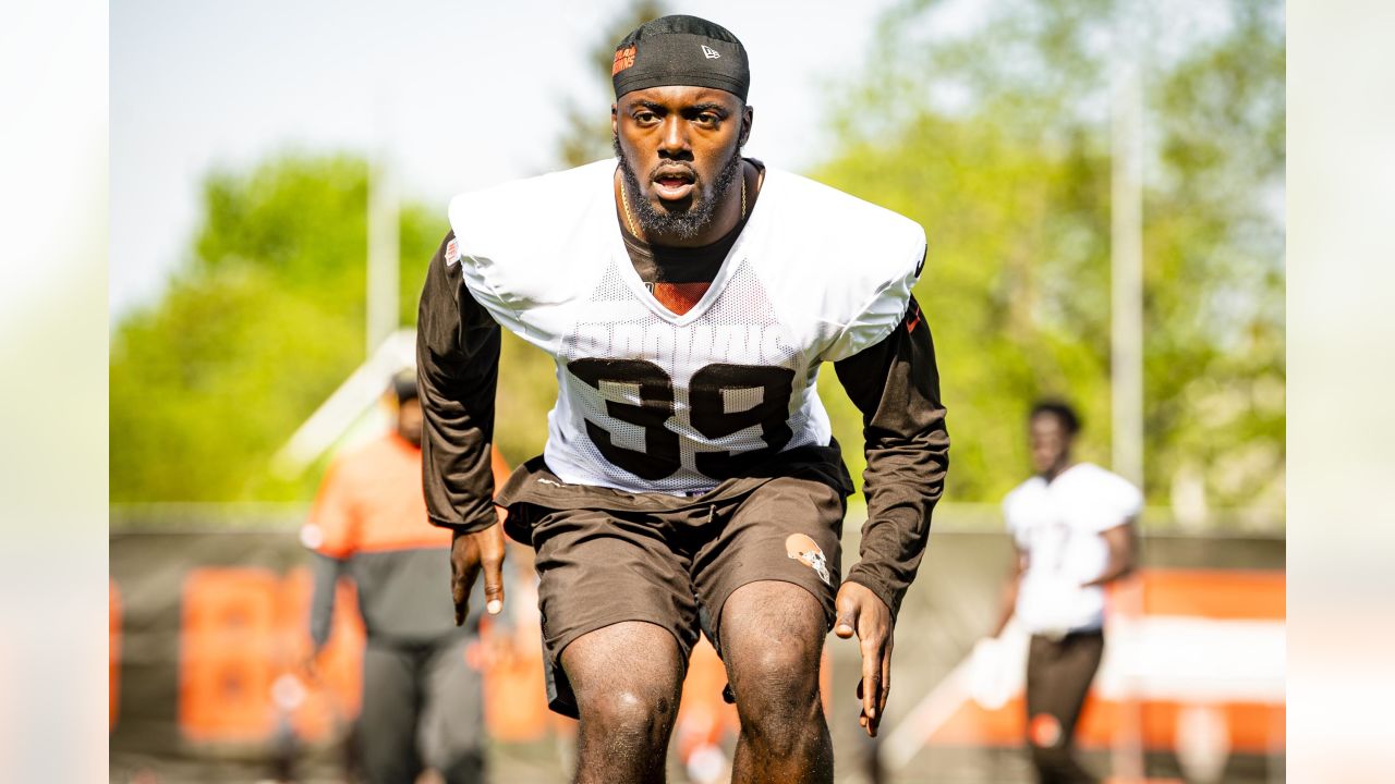 Cleveland Browns safety Richard LeCounte III runs a drill during an NFL  football rookie minicamp at the team's training camp facility, Friday, May  14, 2021, in Berea, Ohio. (AP Photo/Tony Dejak Stock