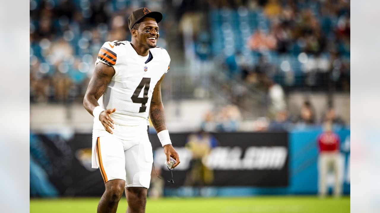 Cleveland Browns wide receiver Travell Harris (83) walks off the field at  the end of an NFL preseason football game against the Jacksonville Jaguars,  Friday, Aug. 12, 2022, in Jacksonville, Fla. The