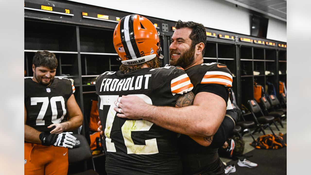 Cleveland Browns offensive tackle James Hudson III (66) lines up for a play  during an NFL football game against the Cincinnati Bengals, Sunday, Jan. 9,  2022, in Cleveland. (AP Photo/Kirk Irwin Stock