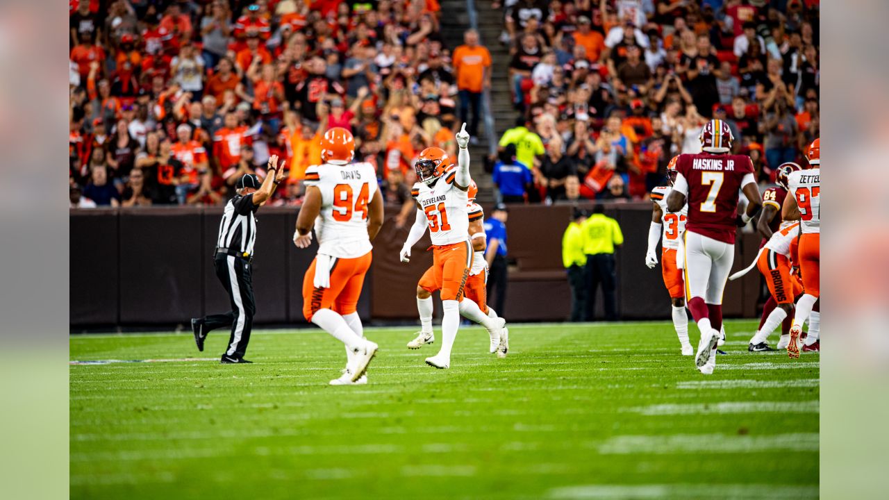 November 14, 2021: Cleveland Browns outside linebacker Mack Wilson Sr. (51)  before the NFL football game between the Cleveland Browns and the New  England Patriots at Gillette Stadium, in Foxborough, Massachusetts. The