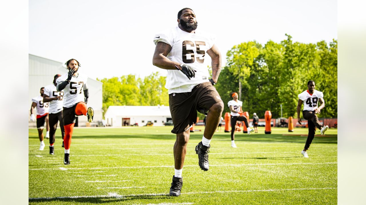 Cleveland Browns safety Richard LeCounte III runs a drill during an NFL  football rookie minicamp at the team's training camp facility, Friday, May  14, 2021, in Berea, Ohio. (AP Photo/Tony Dejak Stock