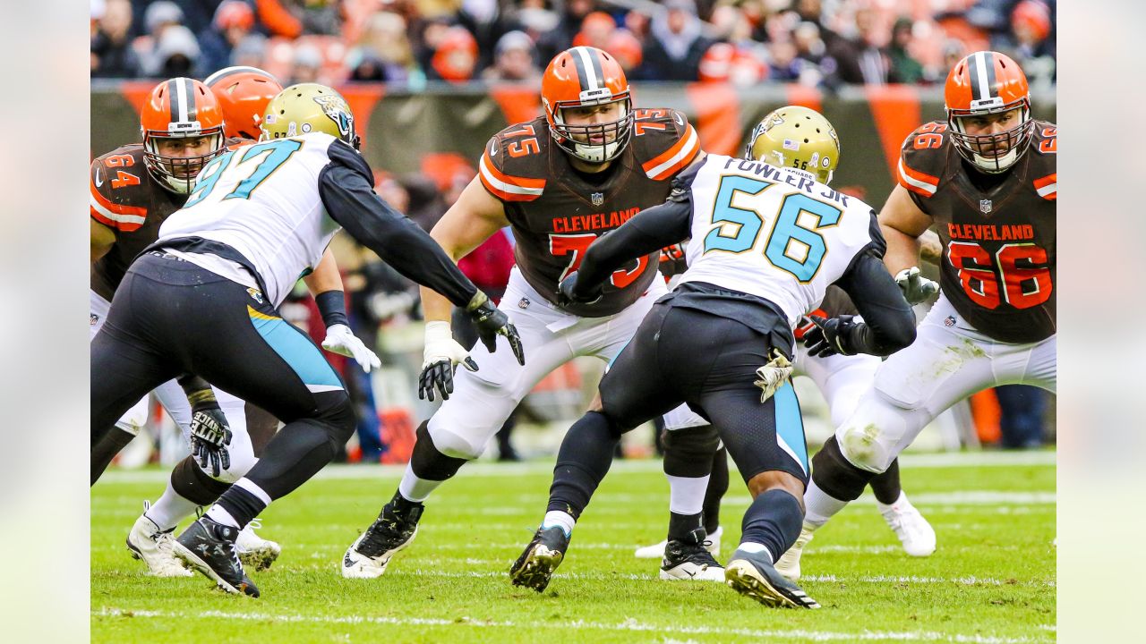 FILE - In this Sunday, Nov. 11, 2018 file photo, Cleveland Browns offensive  tackle Joel Bitonio celebrates after the Browns defeated the Atlanta  Falcons 28-16 in an NFL football game in Cleveland.