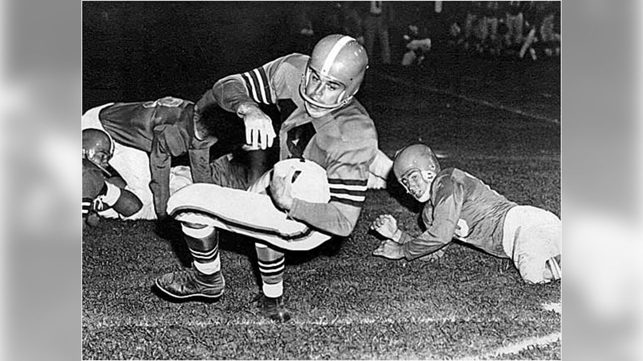 This is a statue of Cleveland Browns running back Jim Brown outside  FirstEnergy Stadium before an NFL football game between the Cleveland Browns  and the Pittsburgh Steelers in Cleveland, Ohio, Thursday, Sept.