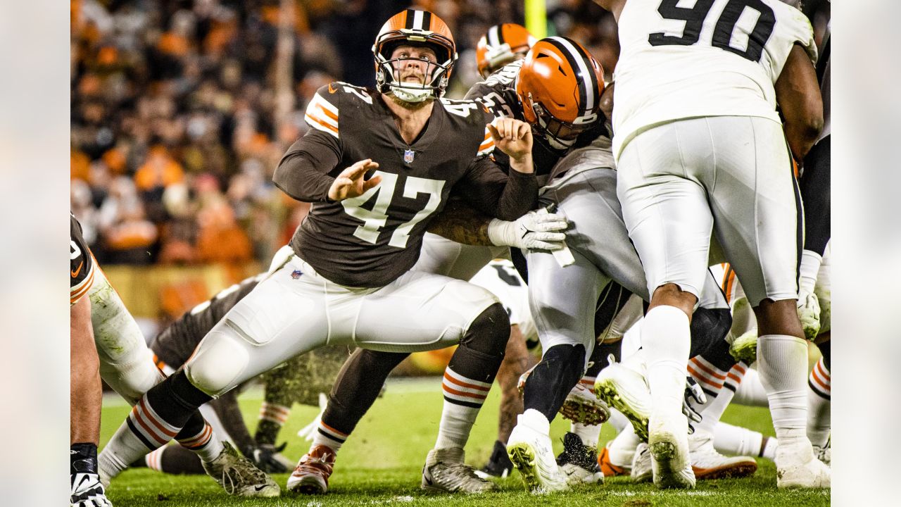 Cleveland Browns long snapper Charley Hughlett (47) follows the kickoff  return during an NFL football game