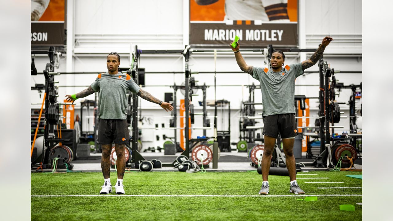 Cleveland Browns rookie Ryan Greenhagen (59) and Storey Jackson