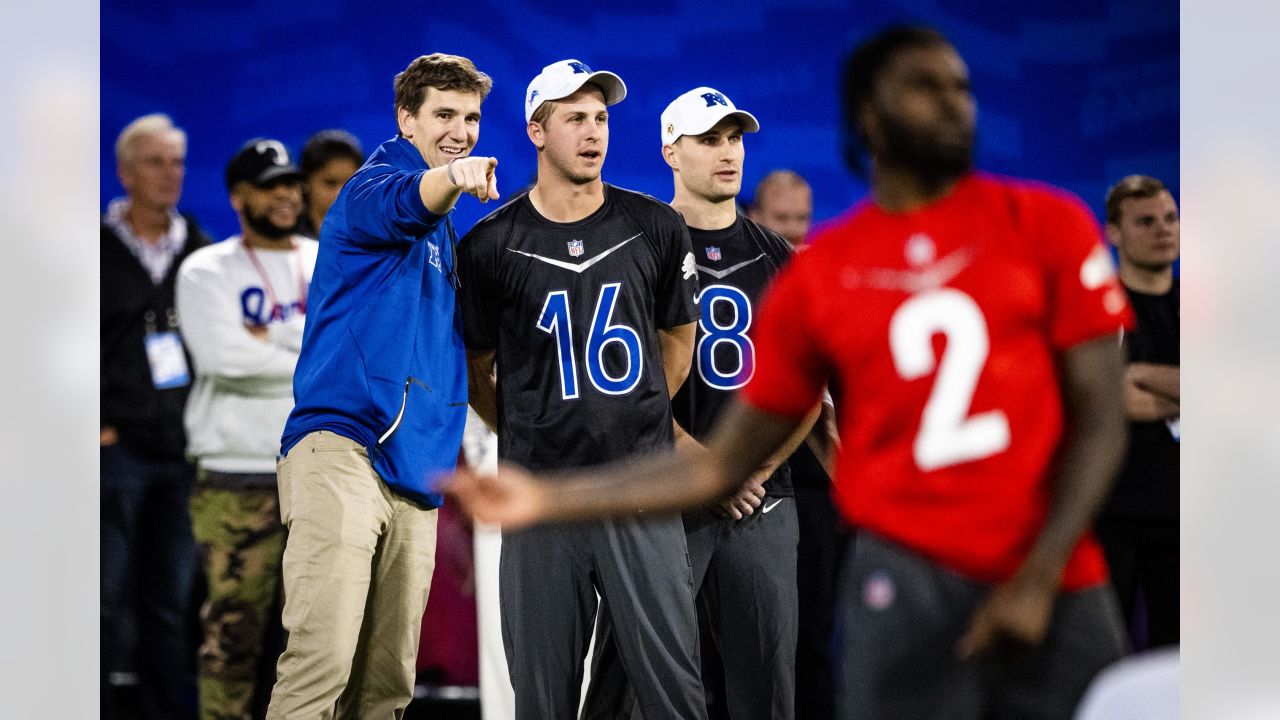 AFC quarterback Derek Carr (4) of the Las Vegas Raiders talks with head  coach Peyton Manning during the flag football event at the NFL Pro Bowl,  Sunday, Feb. 5, 2023, in Las