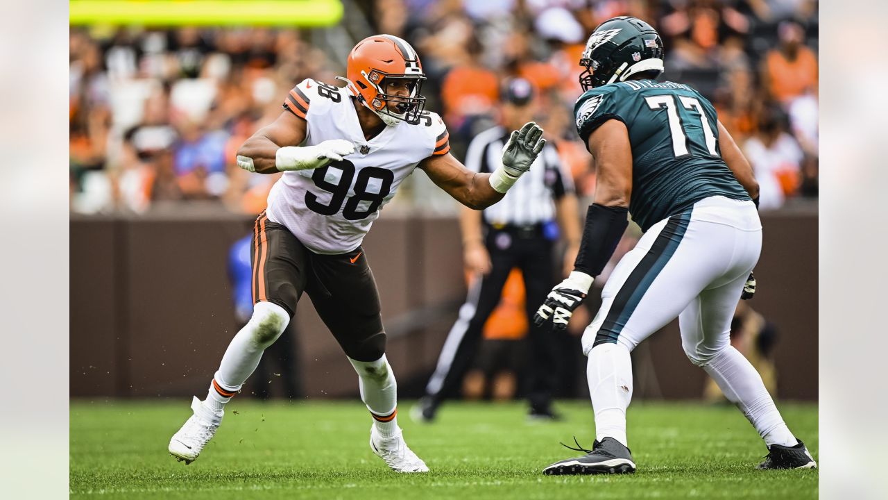 Cleveland Browns quarterback Joshua Dobbs (15) looks to hand off the ball  during an NFL pre-season football game against the Cleveland Browns,  Friday, Aug. 11, 2023, in Cleveland. (AP Photo/Kirk Irwin Stock