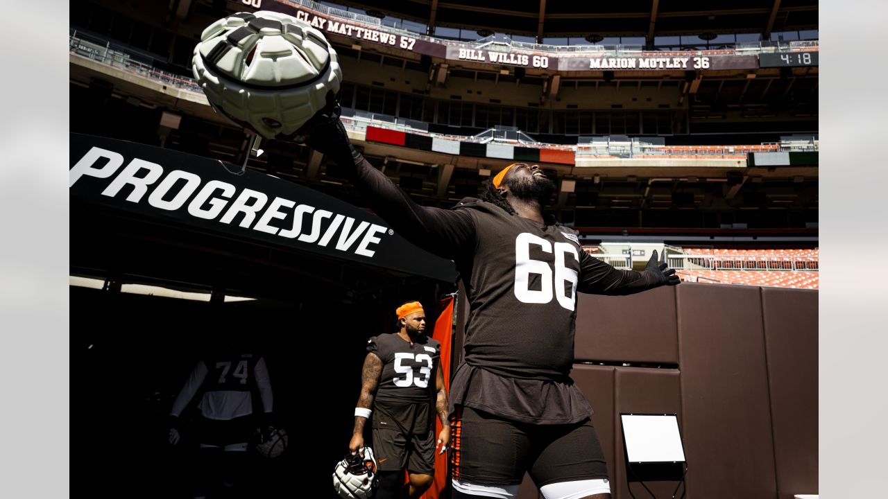 Cleveland Browns offensive tackle James Hudson III (66) looks to block  Philadelphia Eagles defensive end Matt