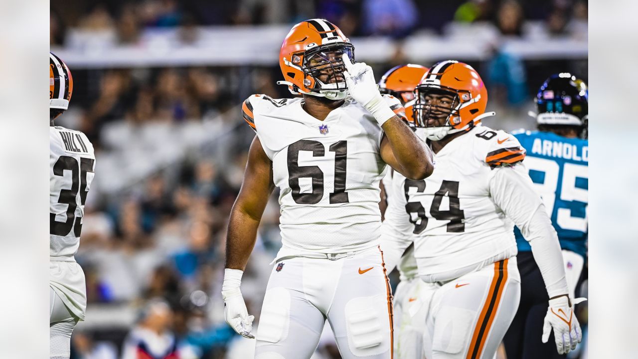 Cleveland Browns wide receiver Ja'Marcus Bradley (84) runs after a  reception against the Jacksonville Jaguars during the first half of an NFL  preseason football game, Friday, Aug. 12, 2022, in Jacksonville, Fla. (