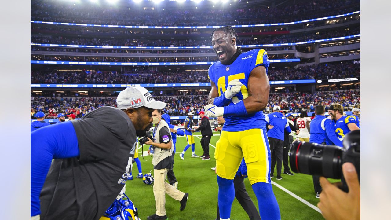 Los Angeles Rams linebacker Ogbonnia Okoronkwo is pictured during the  second half of an NFL wild-card playoff football game against the Seattle  Seahawks, Saturday, Jan. 9, 2021, in Seattle. The Rams won