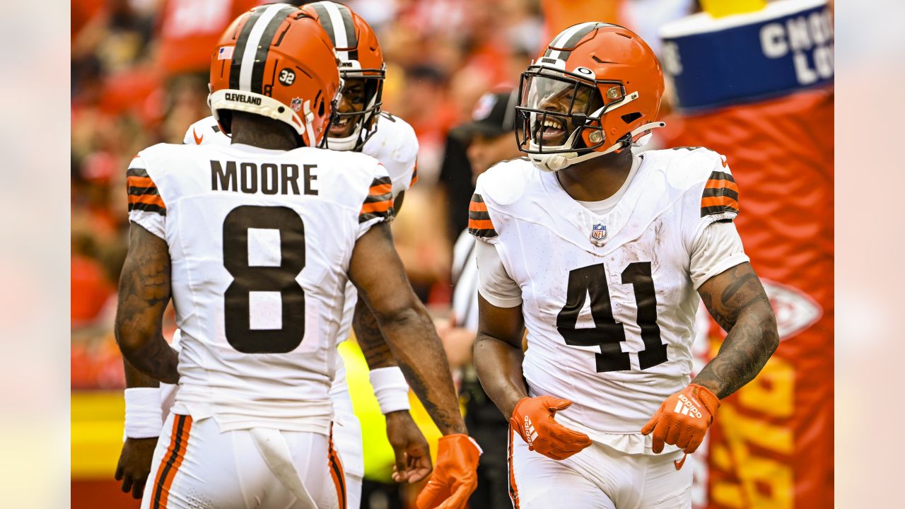 Cleveland Browns safety Rodney McLeod (26) scores a touchdown after an  intercepting during an NFL preseason football game against the Kansas City  Chiefs Saturday, Aug. 26, 2023, in Kansas City, Mo. (AP